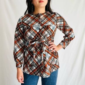 Vintage 1970s Plaid Long Sleeve Button Up Top Size Medium